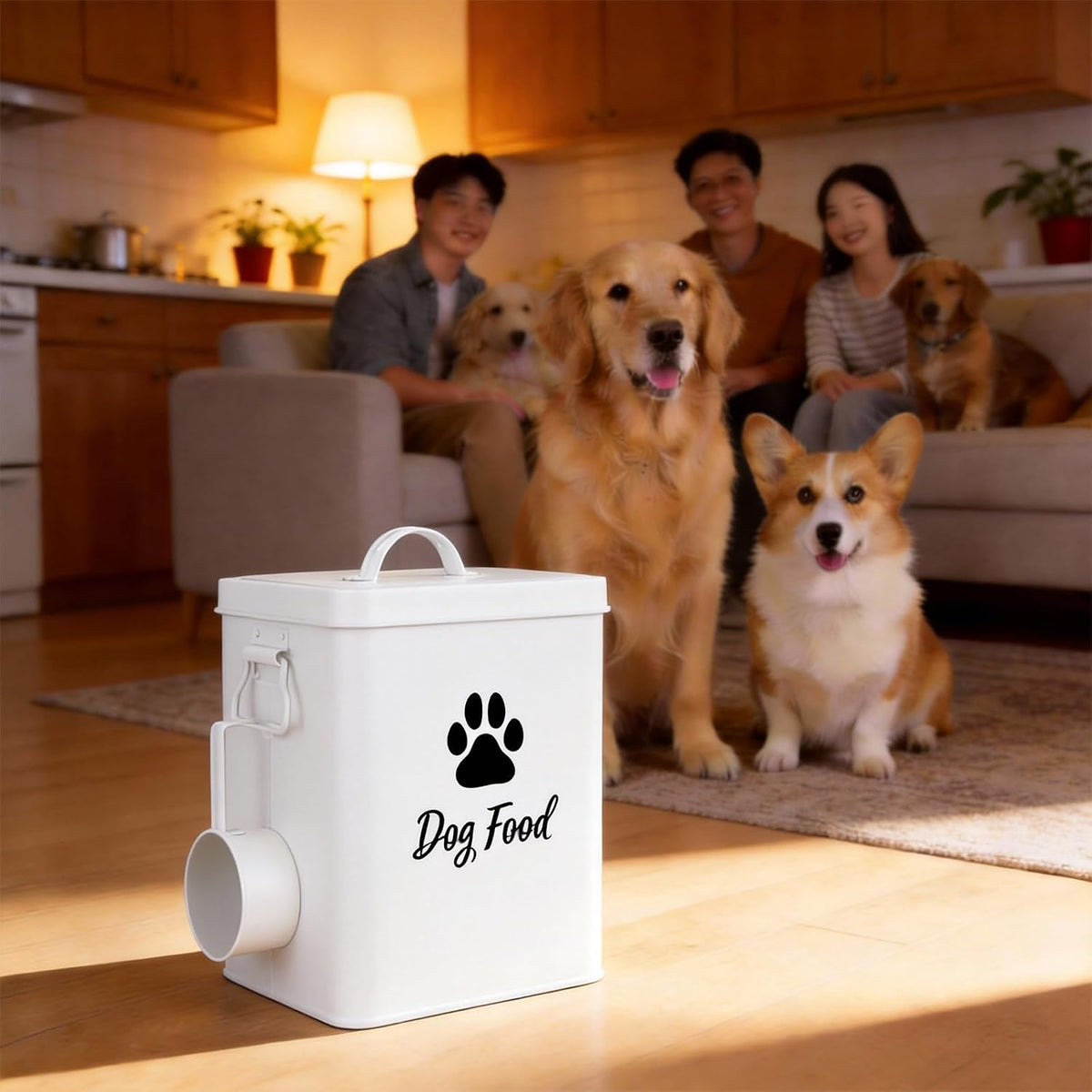 Dog Food Container 13lb, Cute Airtight Pet Food Storage Containers with Metal Lid Scoop, Black Metal Storage Bin for Dog/Cat with Wheels,Easy to Move