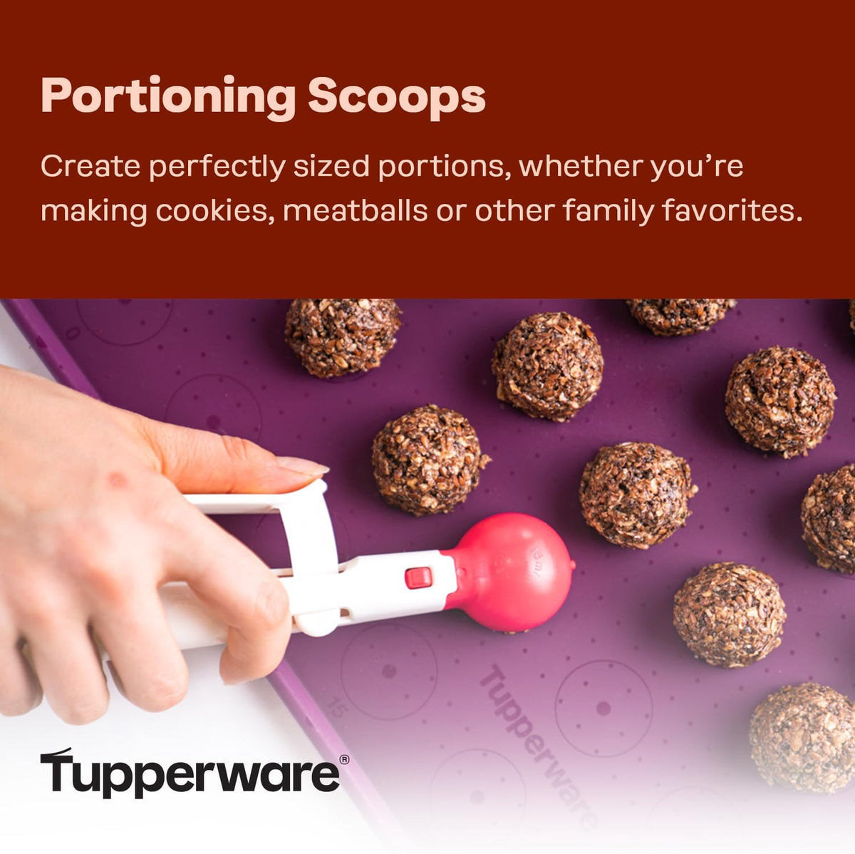 Tupperware Portioning Scoops, Universal Handle and Three Snap-on Scoops (Small, Medium and Large)