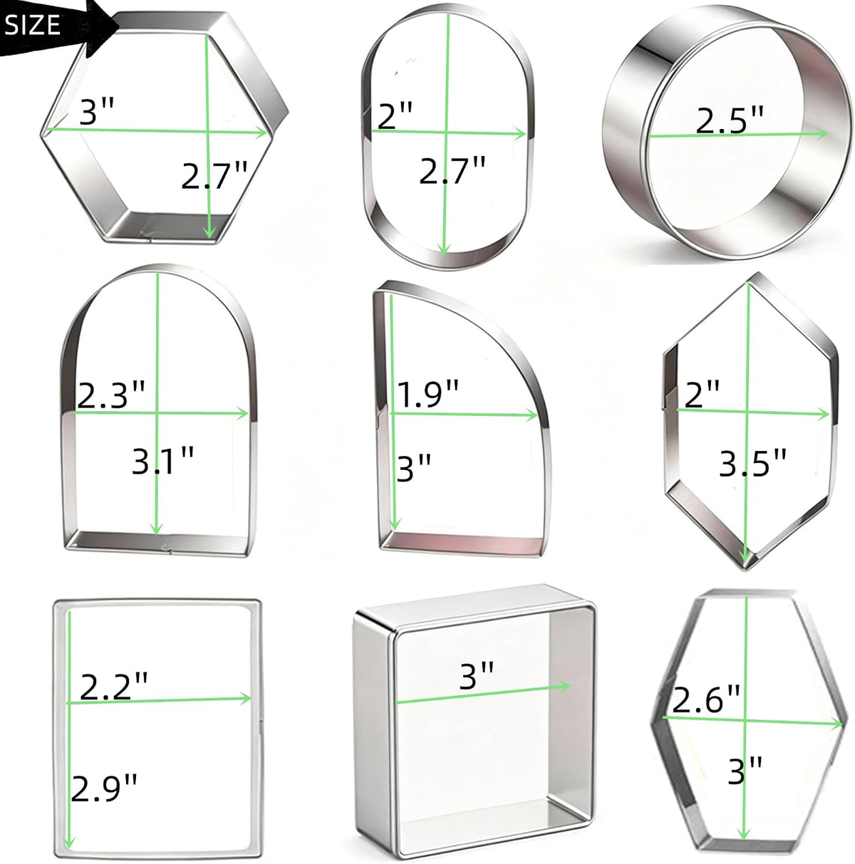 9 Pieces Geometric Plaque Cookie Cutter Set,Arch,Oval,Hexagon,Square,Rectangle，Circle，D-Shape，Long Diamond Frame Shape Stainless steel Molds for Kitchen Baking