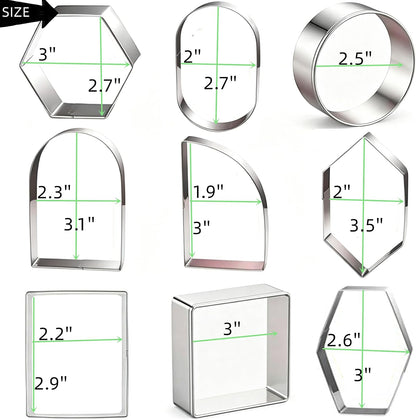 9 Pieces Geometric Plaque Cookie Cutter Set,Arch,Oval,Hexagon,Square,Rectangle，Circle，D-Shape，Long Diamond Frame Shape Stainless steel Molds for Kitchen Baking