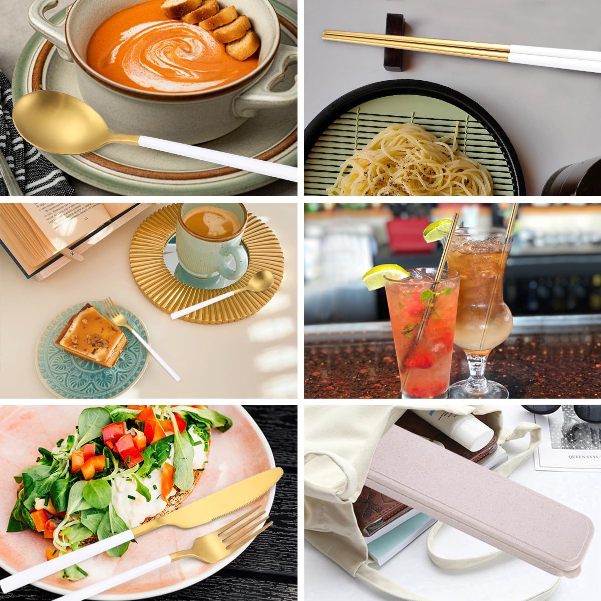 AARAINBOW 8 Pieces Stainless Steel Flatware Set Portable Reusable Cutlery Set Travel Utensils Set Including Chopsticks Knife Fork Spoon Straws Cleaning Brush Dishwasher Safe (Pink Golden)
