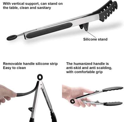 4in1 Stainless Steel Kitchen Food Tongs Set for Cooking with Silicone Tips, Toaster Steak Pie Pizza Pasta Spaghetti Noodles Salad Fruit Vegetable Grill BBQ Buffet Clamp Serving Tools Gadgets
