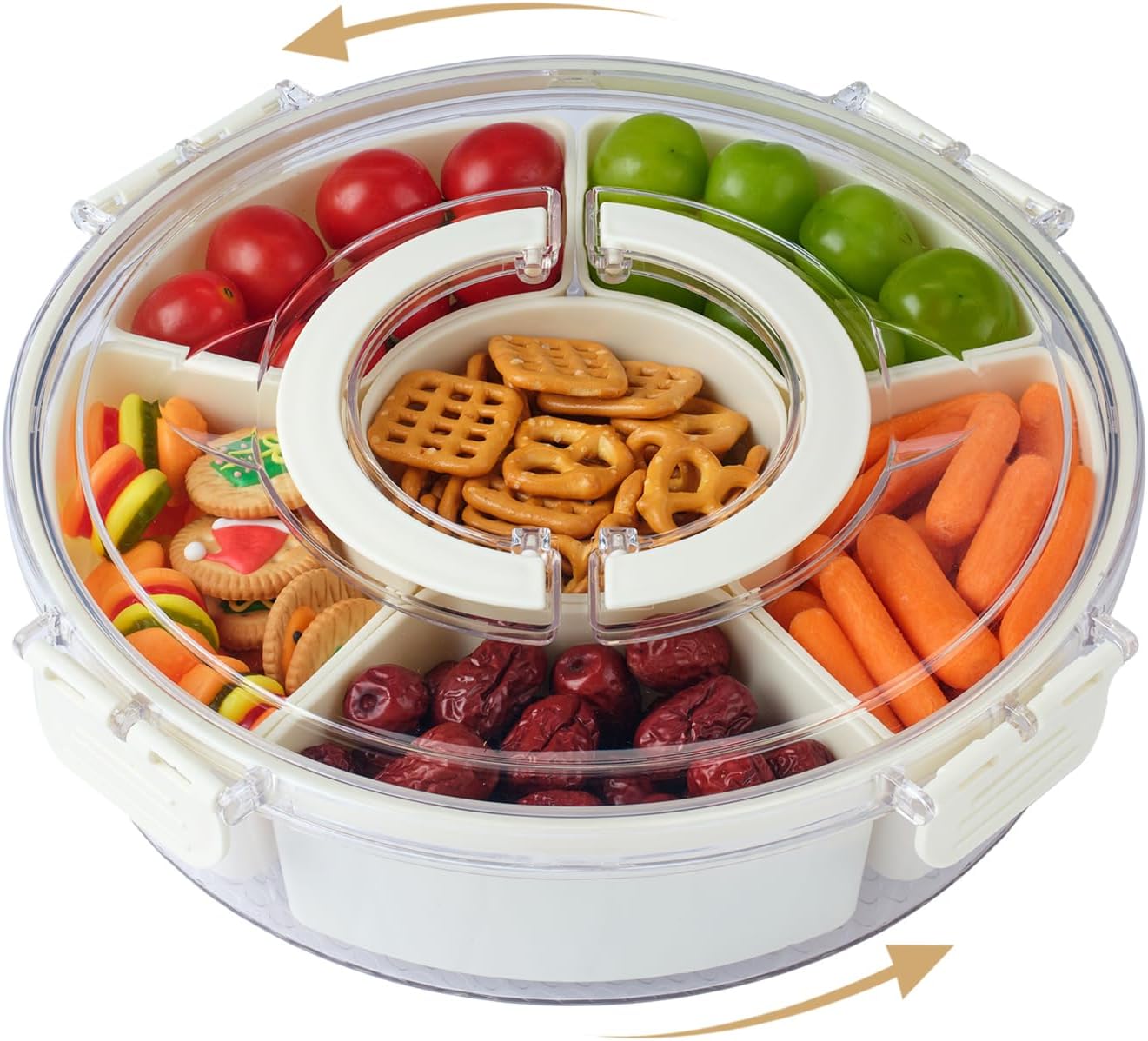 Rotating Divided Serving Tray with Lid and Handle,6 Compartments Snackle Box Container,12" Large Snack Spinner Lazy Susan,Fruit Veggie Tray Portable Round Snack Box Candy Fridge Organizer Platterbox