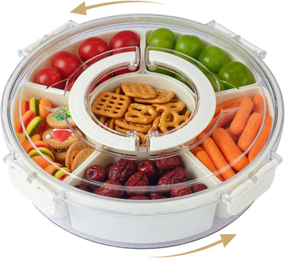 Rotating Divided Serving Tray with Lid and Handle,6 Compartments Snackle Box Container,12" Large Snack Spinner Lazy Susan,Fruit Veggie Tray Portable Round Snack Box Candy Fridge Organizer Platterbox