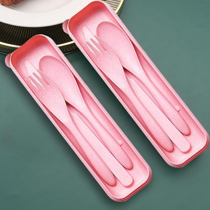 Reusable Travel Utensils Set with Case, 2 Sets Wheat Straw Portable Plastic Fork Spoons Knife Cutlery, Camping Eco-Friendly BPA Free Tableware for Kids Adults Work Picnic or Daily Use (Pink)