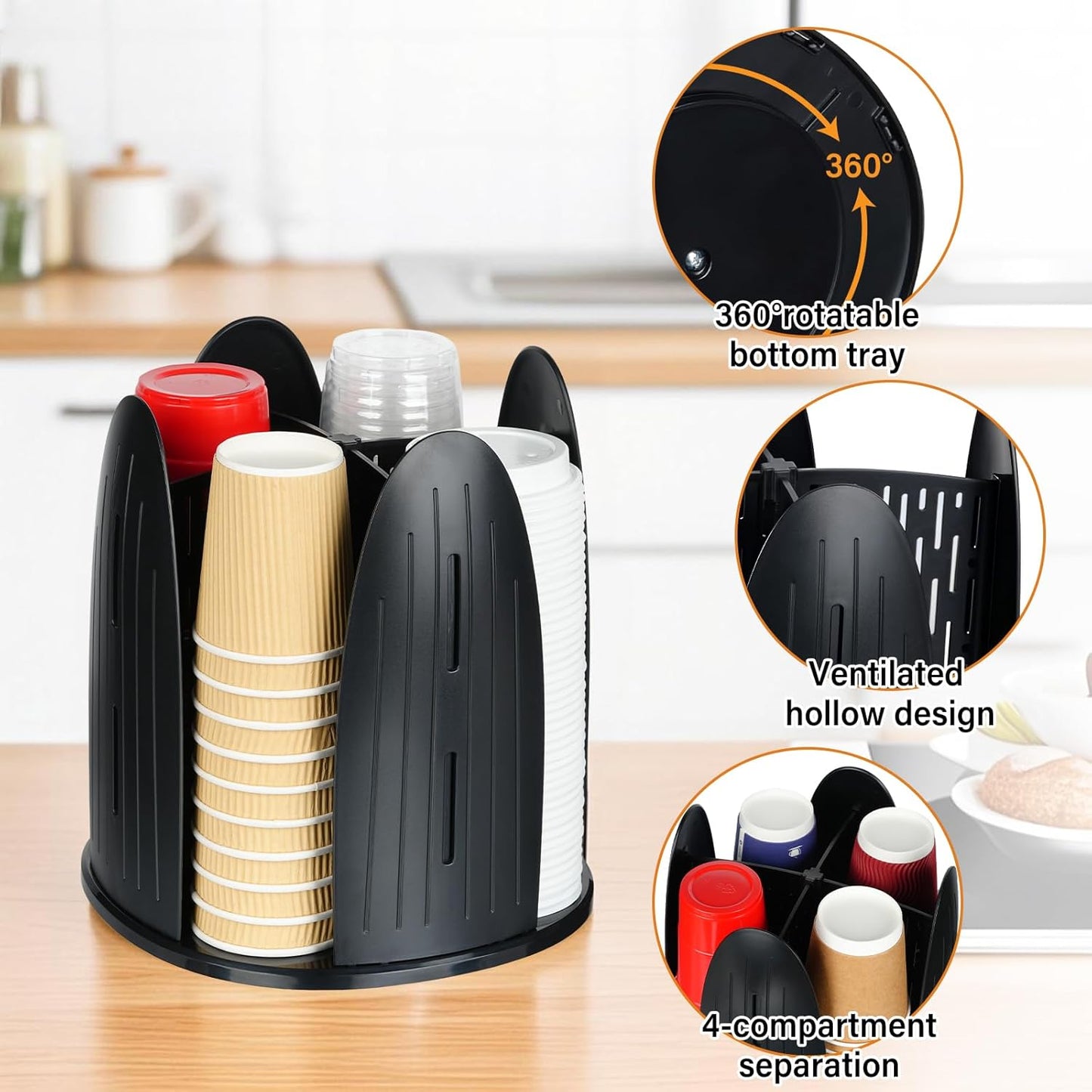 Rotating Paper Cup Dispenser,Cup Holder with 4 Compartments,Plastic Cup Storage and Lid Holder,Disposable Coffee Cup Dispenser Removable for Kitchen, Coffee Stations, Black