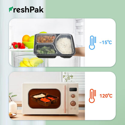 Meal Prep Container Reusable 40 Pack 34oz - Shrink Wrap Leakproof | Portion Control Leftover Plastic Food Containers with Lid | BPA Free Freezer & Microwave Safe | 4 Compartment Takeout Boxes