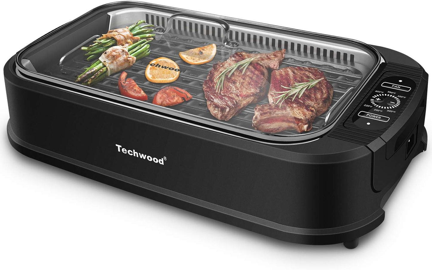 Techwood Indoor Grill Smokeless Grill, Electric Korean BBQ Grill with Glass Lid, Turbo Smoke Extractor Technology, Dishwasher-Safe Drip Tray & Nonstick Grilling Removable Plate, Black, 1500W