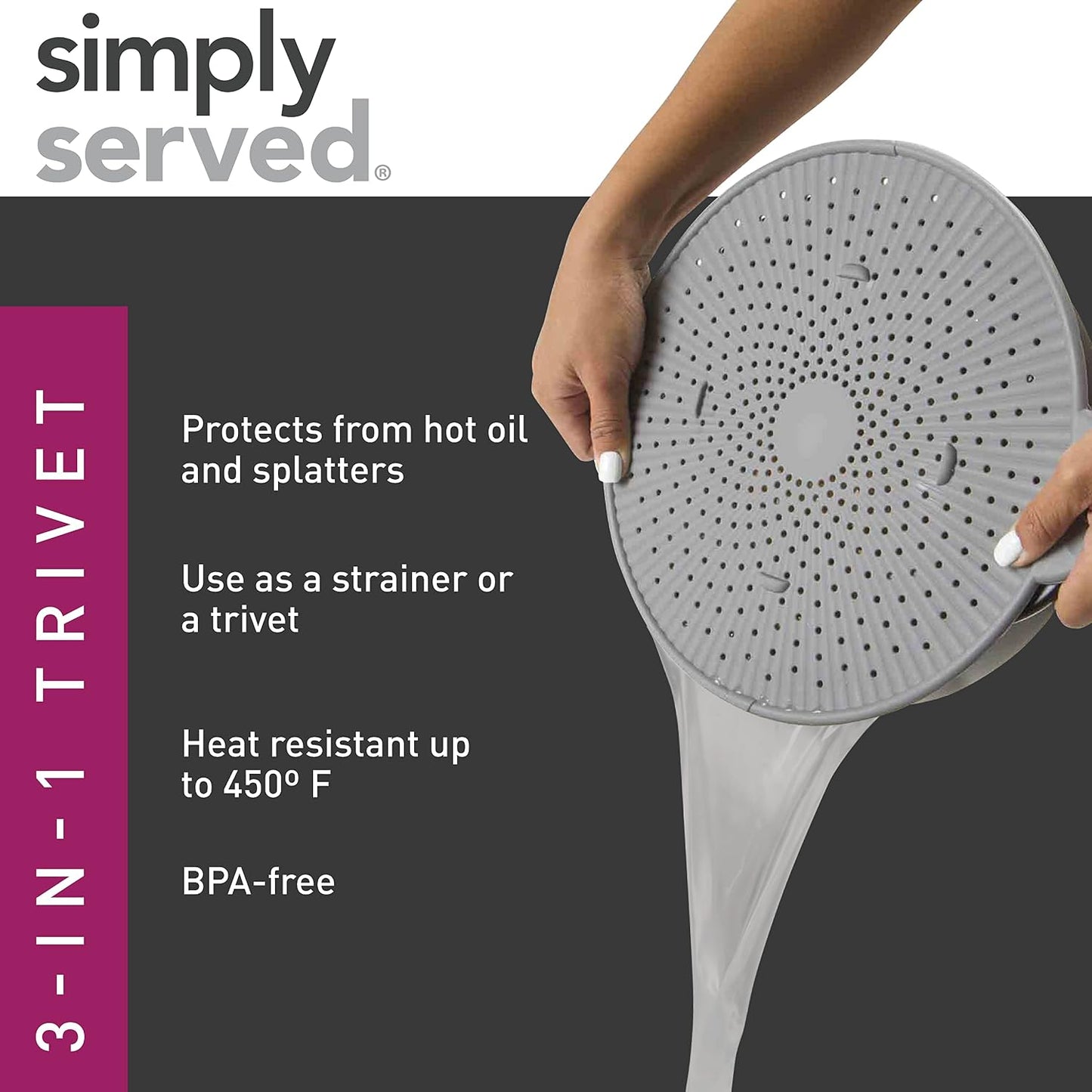 Silicone Splatter Screen, Multi-Use Kitchen Tool, Protect Stovetop and Counters, 3-in-1 Silicone Kitchen Trivet, Splatter Screen, and Colander Lid, Gray