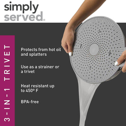 Silicone Splatter Screen, Multi-Use Kitchen Tool, Protect Stovetop and Counters, 3-in-1 Silicone Kitchen Trivet, Splatter Screen, and Colander Lid, Gray