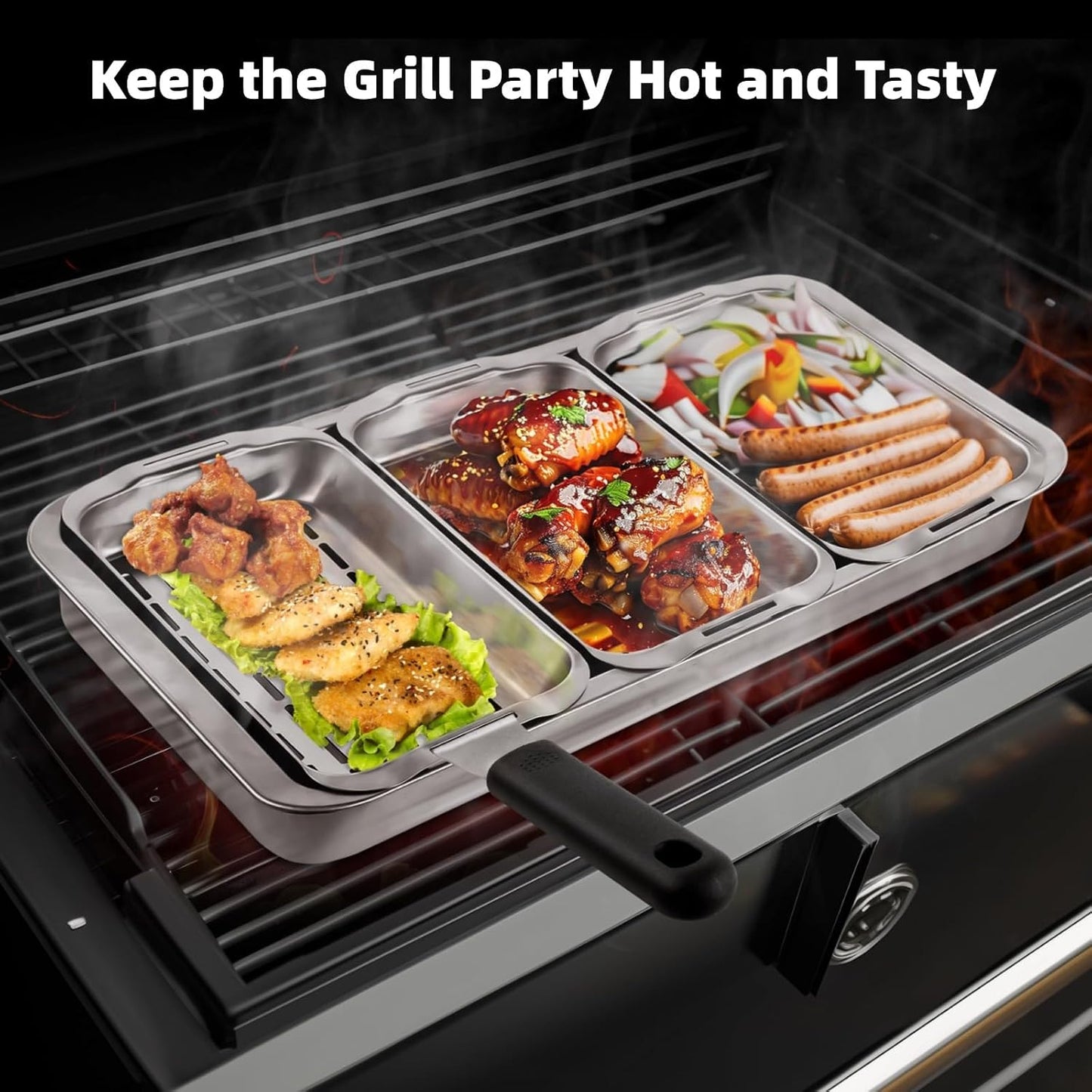 Grill Basket Set, 3-Piece Stainless Steel Grill Topper Pans for Outdoor Grill with BBQ Prep Tray, Grilling Baskets Barbecue Accessories for Vegetables, Fish, Meat, and Seafood