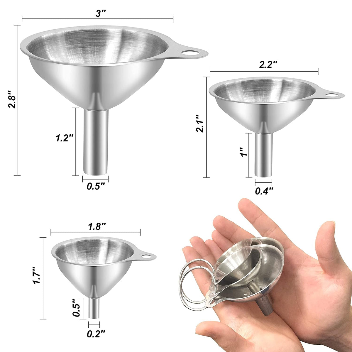 Anaeat Stainless Steel Mini Kitchen Funnel Set, Durable Metal Filling Funnels for Transferring Liquid, Dry ingredients, Cosmetic Lotion, Fluid, Spices, Powder - Food-Grade & High Heat Resistant