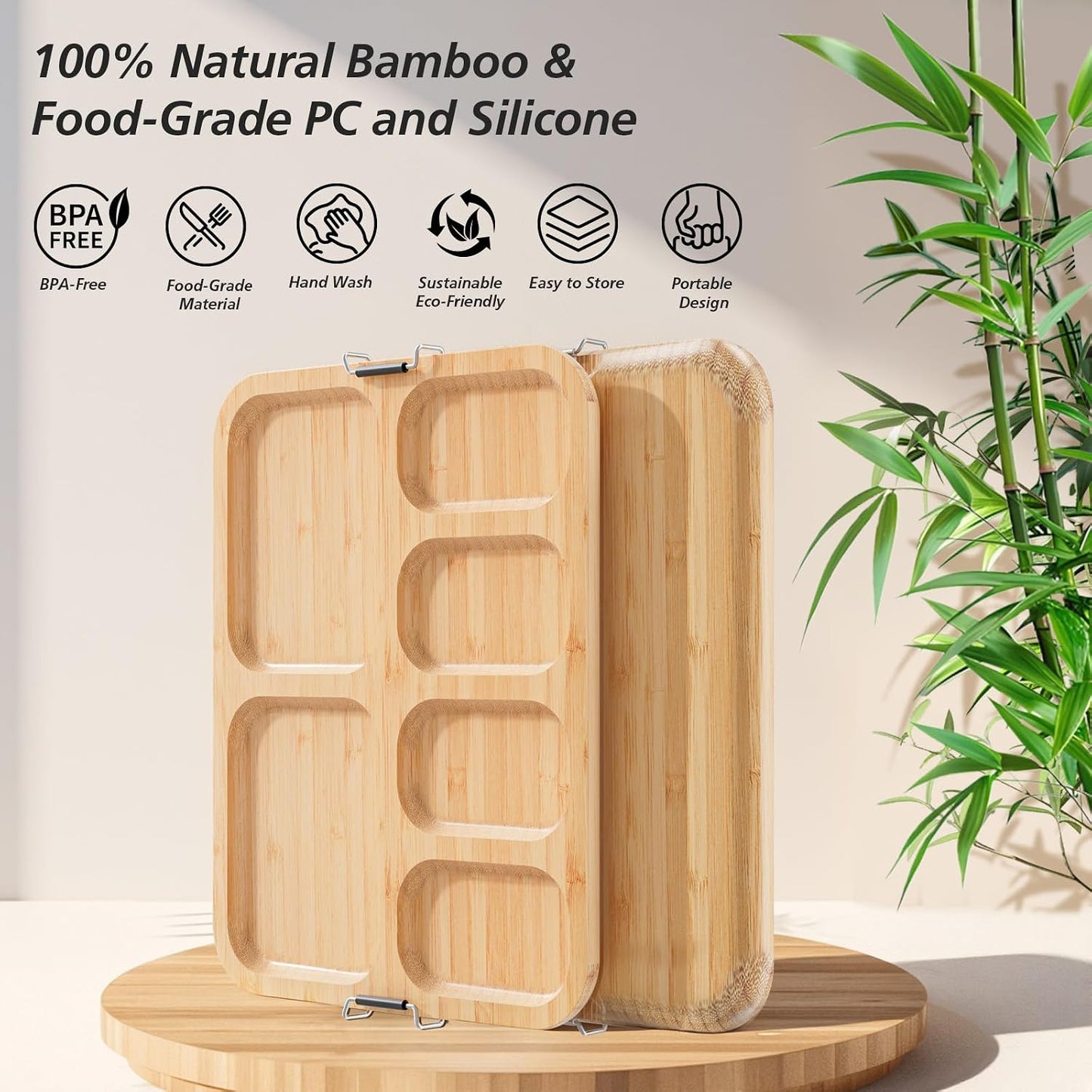 Charcuterie Boards with Foldable Lid, Portable Bamboo Cheese Board with Single Compartments, Clear Locking Lid and Handle, Easy to Store, Suitable for Picnics, Camping, Parties