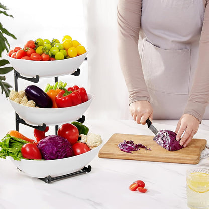 Lifewit Plastic Fruit Bowl for Kitchen Counter, 3 Tier Fruit Basket with Gold Metal Stand, Tiered Fruit Holder for Countertop Serving Tray for Vegetable/Dessert in Party 28 x 21 x 35cm/11 x 8.4 x 14