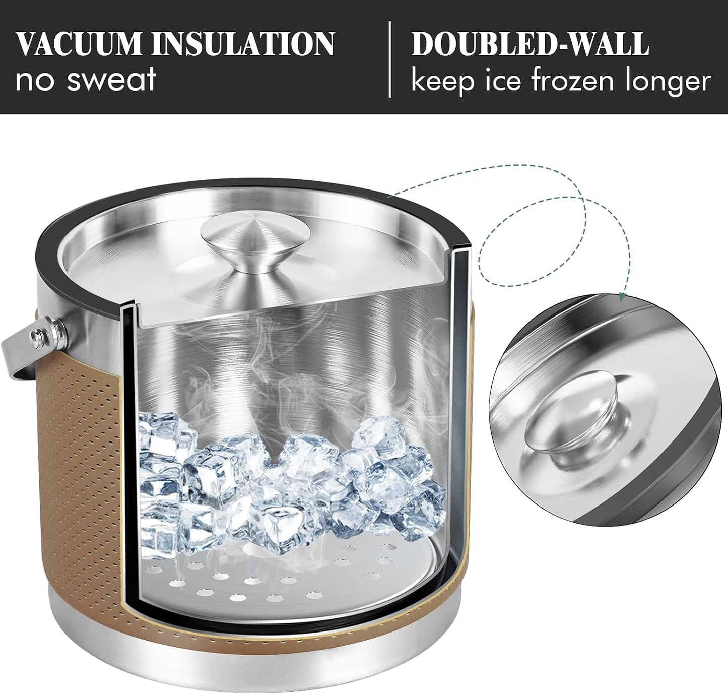 3.2L Double Wall Stainless Steel Ice Bucket with Lid,Scoop, Updated Insulated Ice Bucket for Cocktail Bar and Parties