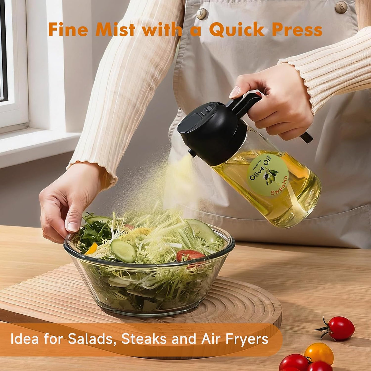 Oil Sprayer for Cooking,470ml Cooking Olive Oil Sprayer and Oil Dispenser 2 In 1, Food-grade Glass Oil Spray Bottle Mister for Air Fryer, BBQ, Griddle (Black+dark green glass and color label)