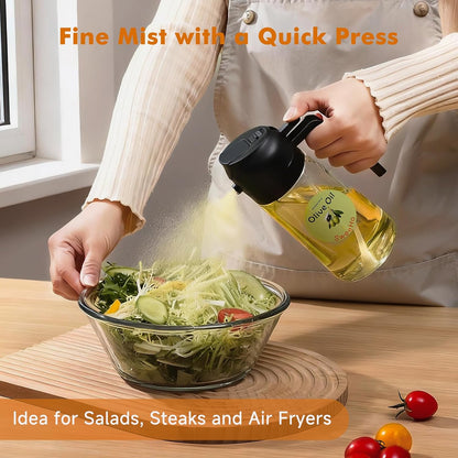 Oil Sprayer for Cooking,470ml Cooking Olive Oil Sprayer and Oil Dispenser 2 In 1, Food-grade Glass Oil Spray Bottle Mister for Air Fryer, BBQ, Griddle (Black+dark green glass and color label)