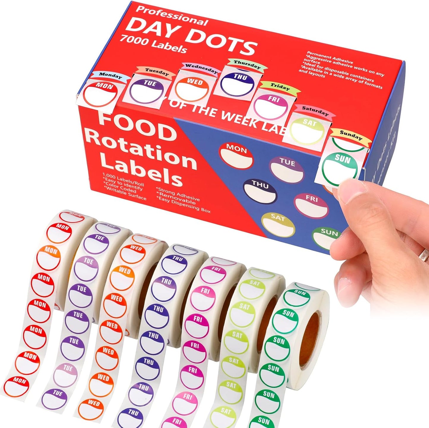 7000pcs Days of The Week Stickers Colored Dot Food Labels Removable Date Labels with Dispenser Box for Food Containers Restaurant Supplies