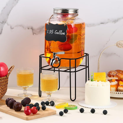 Drink Dispenser 1.35 Gallon Glass Beverage Dispenser with Stand & Stainless Steel Spigot, Drink Dispensers for Parties with Fruit Infuser for Lemonade, Iced Tea, Juice, Laundry Detergent