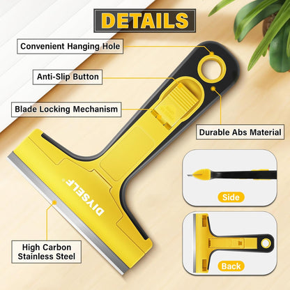 DIYSELF Razor Blade Scraper, 1 Pack Scraper Tool with 10pcs 4-Inch Blades, Razor Scraper for Cleaning Glass, Window, Stove Top, Oven, Kitchen, Cooktop, Shower Door, Sticky Residue, Tile, Wallpaper
