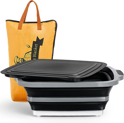 Funnymoom 2pcs Barbecue Prep Set Include Collapsible BBQ Prep Tub with Lid and Cutting Board(4.22 Gal/16l) BBQ Blanket for Resting Meat(21inch) Smoker Blanket Insulated(Black,Classic Style)