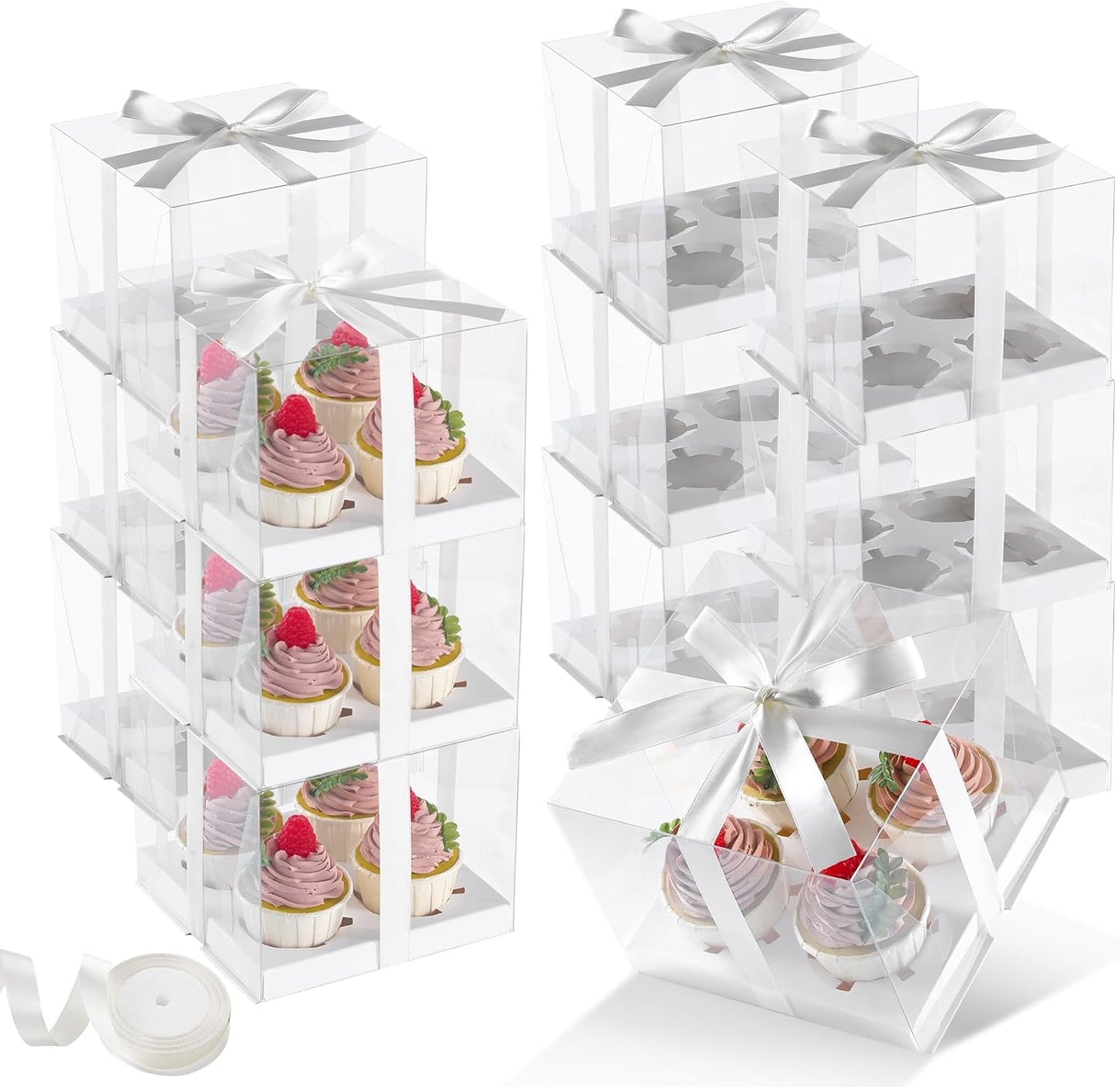 JCD 4 Pack Clear Cupcake Boxes, Plastic Cupcake Containers with Gift Ribbon, 5.5inches height Holder 6 Count Cup Cake Boxes for Parties, Baking, Wedding, Transport (6count/4pcs)