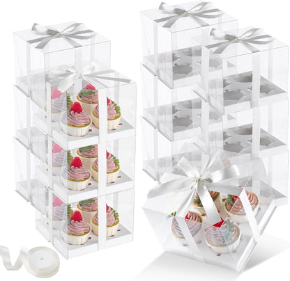 JCD 4 Pack Clear Cupcake Boxes, Plastic Cupcake Containers with Gift Ribbon, 5.5inches height Holder 6 Count Cup Cake Boxes for Parties, Baking, Wedding, Transport (6count/4pcs)