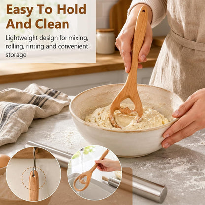 13 Inch Danish Dough Whisk, Wooden Dough Mixer for Sourdough Bread, Batter & Pizza Dough, Kitchen Hand Mixing Tool, Includes Stainless Steel Rolling Pin (Heart Style)