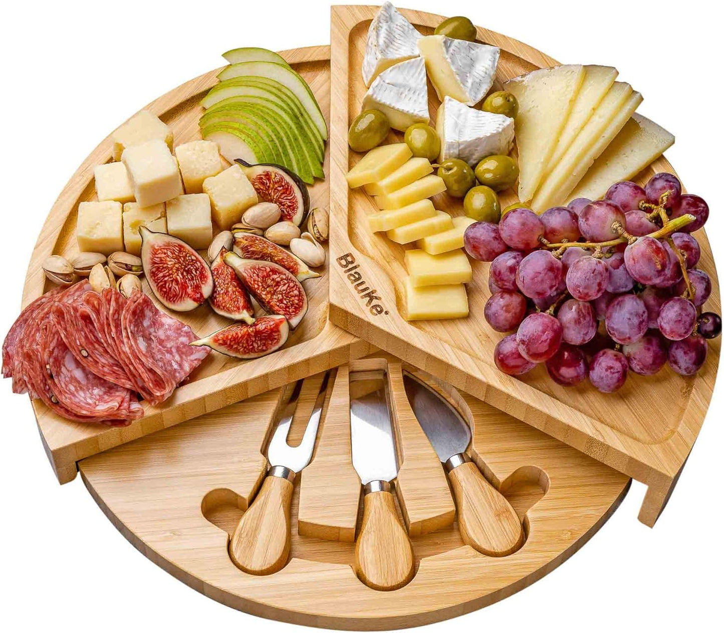 Bamboo Cheese Board and Knife Set – 14 inch Round Charcuterie Board, Serving Tray, Platter, Wood Cheeseboard Set with Slide-Out Drawer – BlauKe®