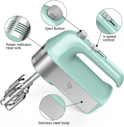 Hand Mixer Electric, 450W Kitchen Mixers with Scale Cup Storage Case, Turbo Boost/Self-Control Speed + 5 Speed + Eject Button + 5 Stainless Steel Accessories, For Easy Whipping Dough, Cream, Black
