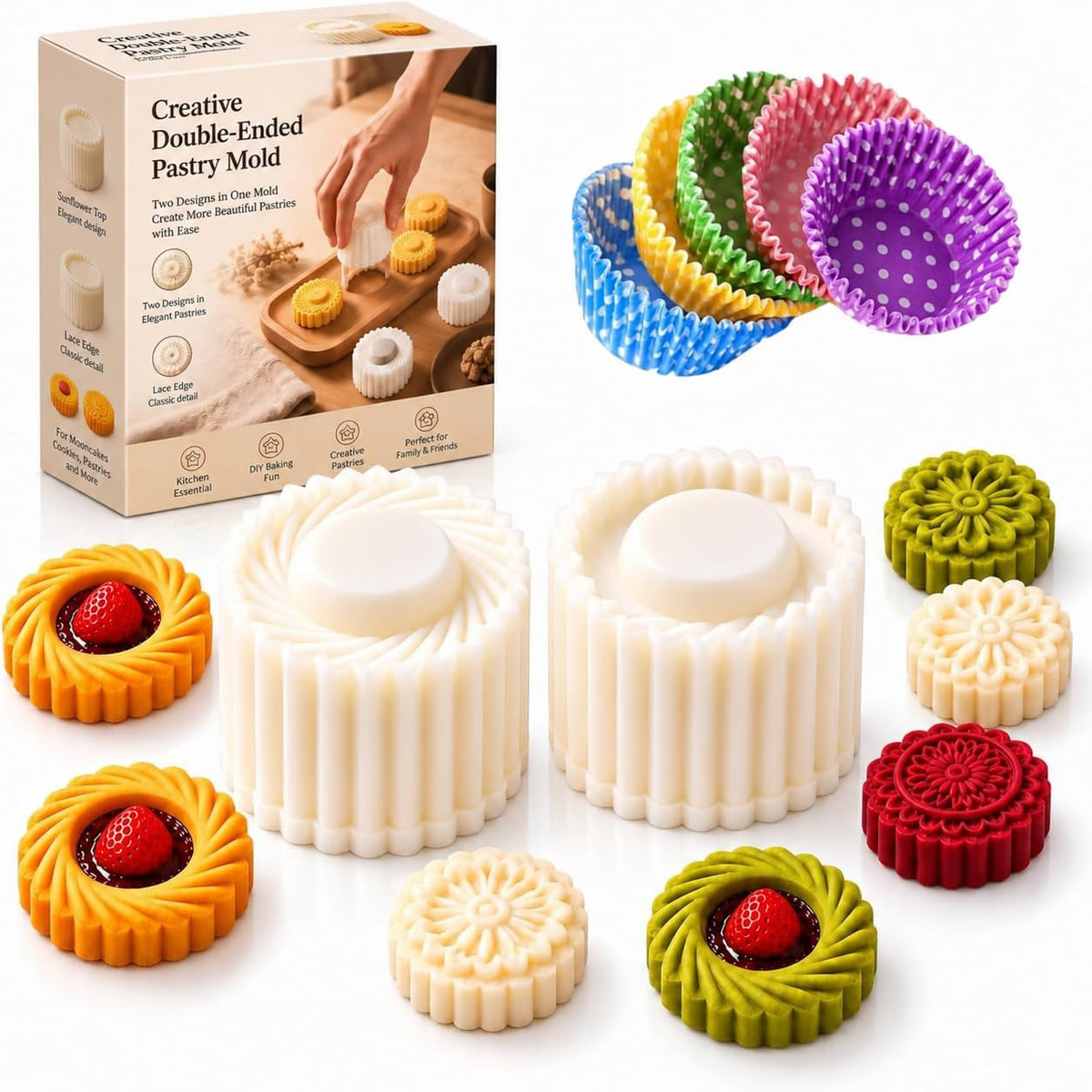 Sunflower Patterned Round Hand Press Mooncake Double Ended Pastry Mold