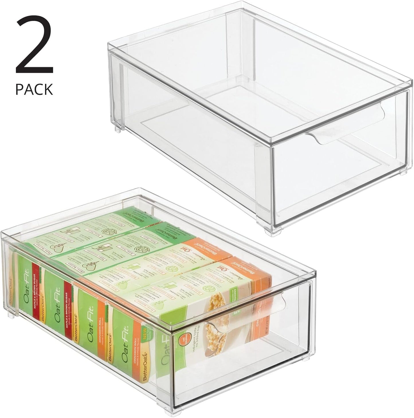 mDesign Kitchen Storage Drawer Box – Plastic Storage Box with Pull-Out Drawer – Pantry, Fridge and Cupboard Storage for Food and Snacks – Pack of 2 – Clear