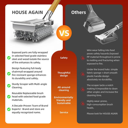 HOUSE AGAIN Grill Brush Bristle Free, 304 Stainless Steel Food-Grade Brush Head with Scraper, Safe BBQ Outdoor Grill Cleaning Brush Strong Barbecue Brush Cleaner Non Wire for Grill Grate/Wooden Handle