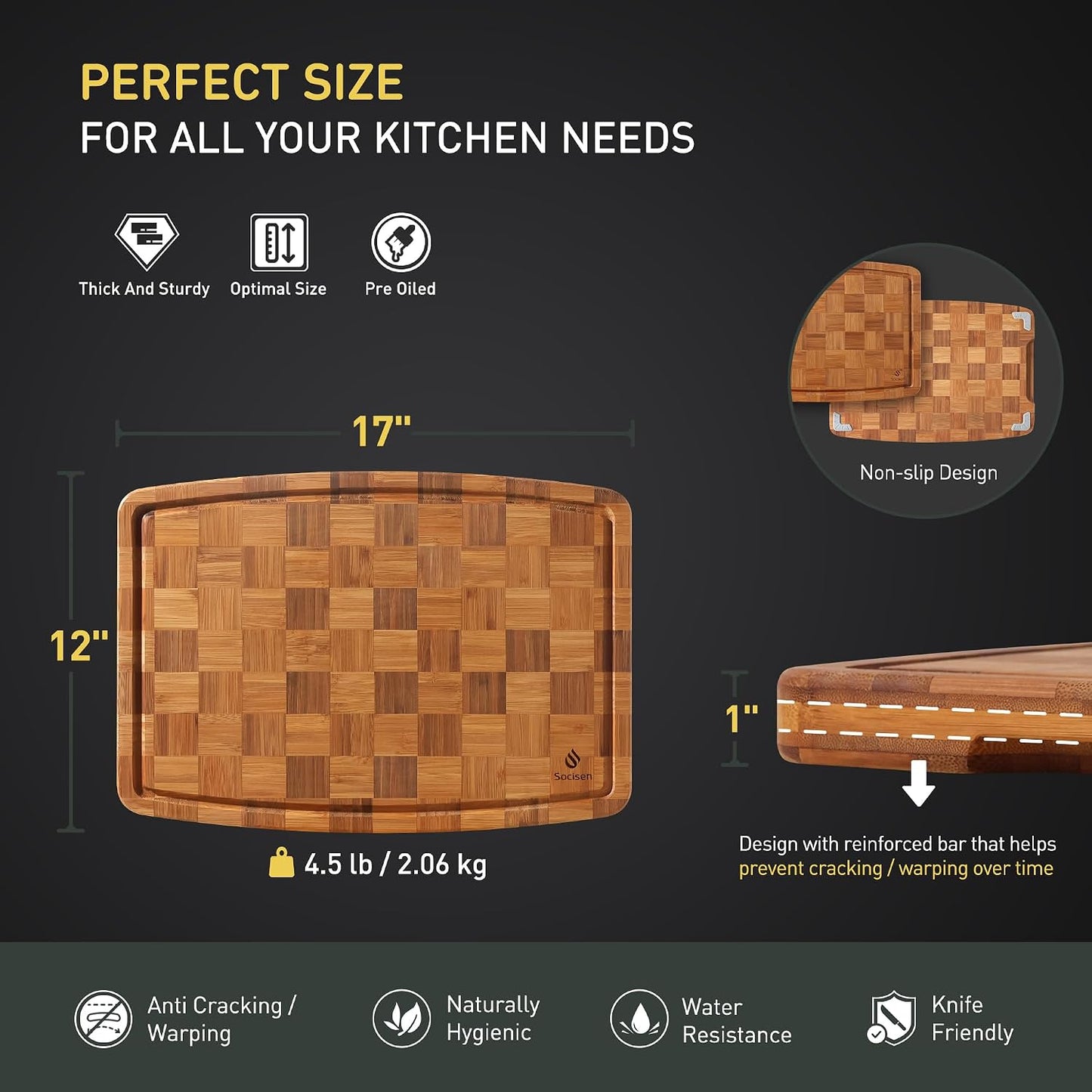 3 Pack Bamboo Cutting Board Set Non Toxic Wooden Cutting Board for Kitchen Non Slip Solid End Grain Thick Wood Juice Groove Chopping Board Edge Grain Teak Smart Marble Flexible Round Stone Metal