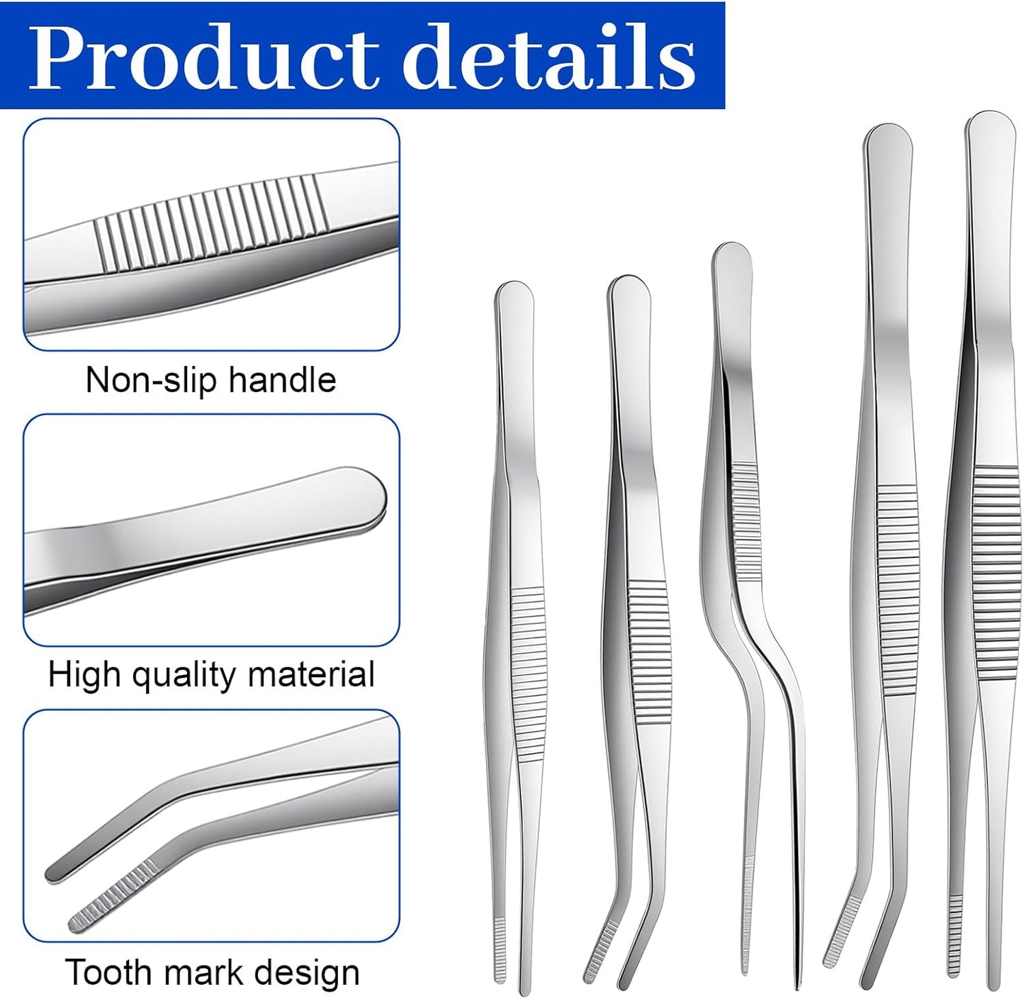 Stainless Steel Tweezers Set, 5Pcs Food Tweezers Precision Tweezer for Cooking Repairing Jewelry-Making DIY Craft Baking Cake Decoration Small Gardening (Silver)