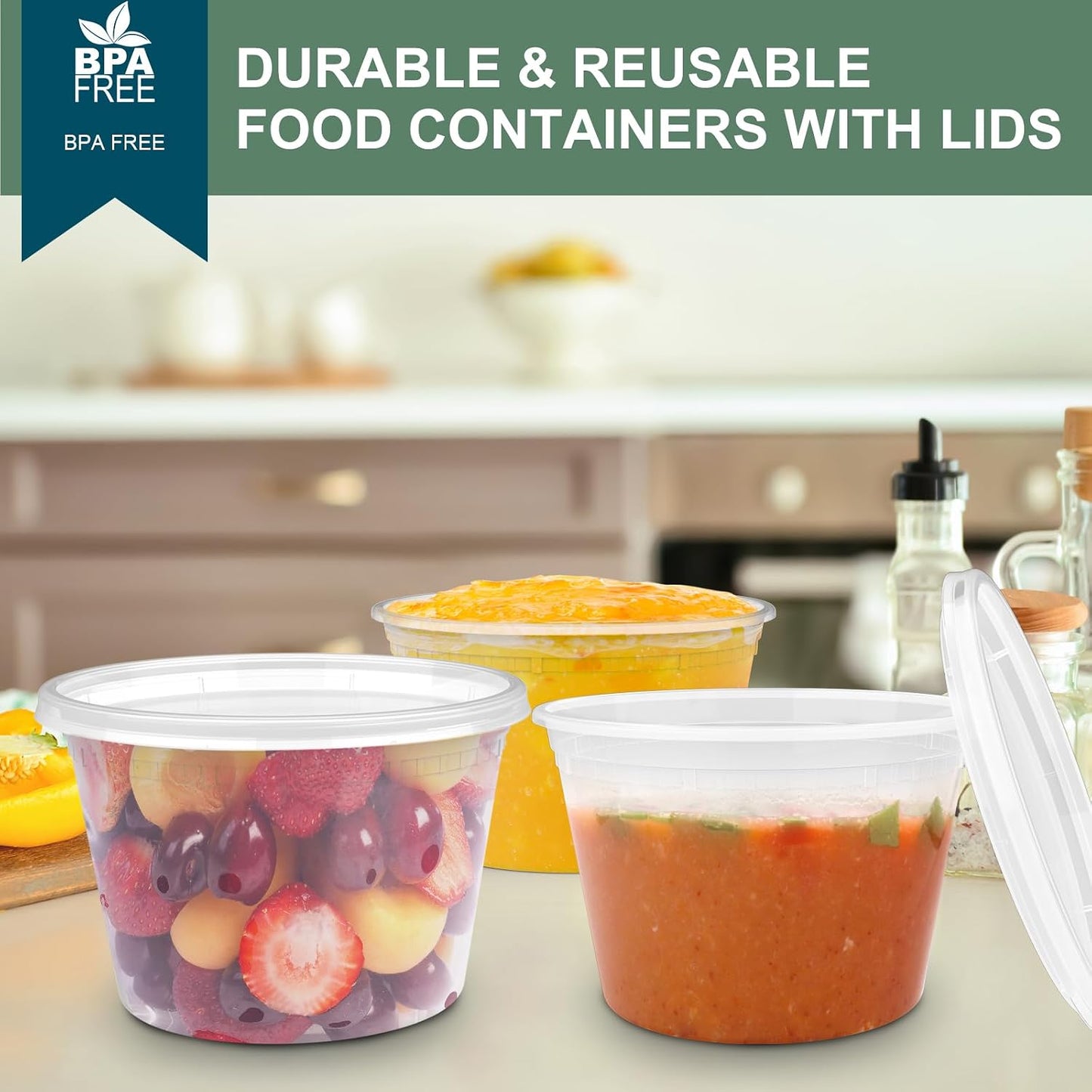 Deli Containers with Lids 48 Sets [8,16, 32 oz 16 Each ] - Food Storage Containers with Lids Freezer Safe, Soup Containers for Restaurant, BPA Free | Portion Control | Leakproof | Microwave
