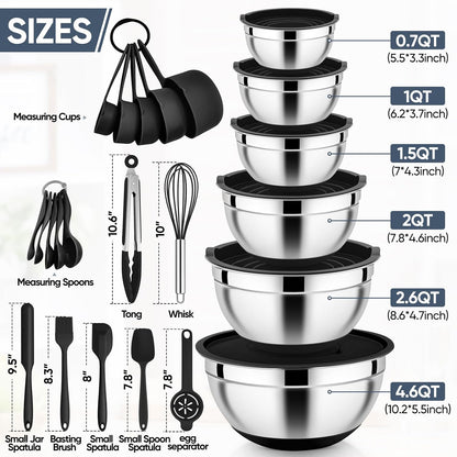 E-far 25PCS Mixing Bowls with Lid Set, Stainless Steel Nesting Prep Bowls with Grater Attachments Non-Slip Bottoms for Cooking, Serving, Food Storage, 4.6/2.6/2/1.5/1/0.7QT - Khaki