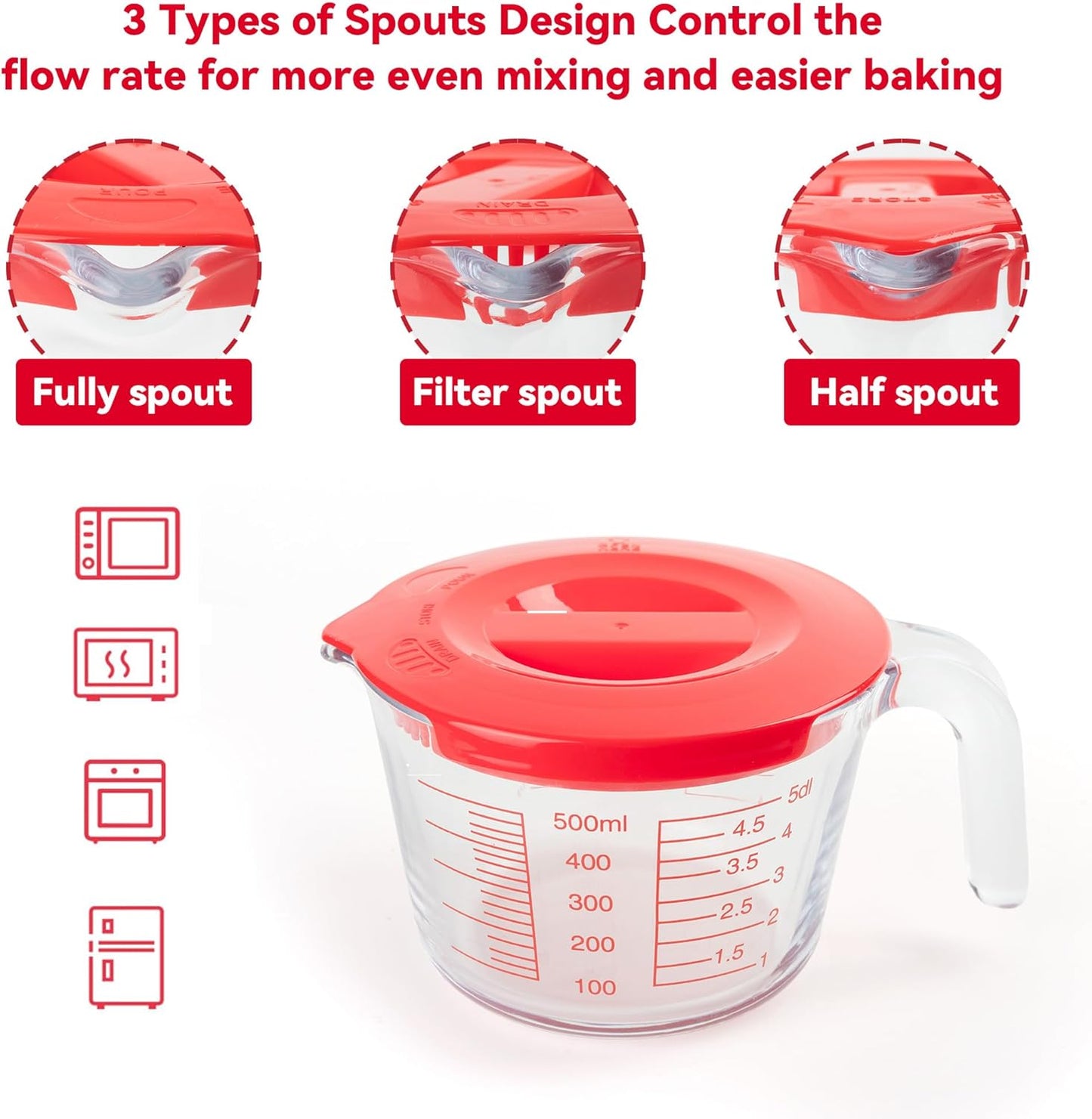 6 Pcs Glass Measuring Cups Set with Lids (Strainer Included) - 1-Cup/2-Cup/4-Cup Nesting Jugs with Easy-Grip Handles, Kitchen Liquid Measuring