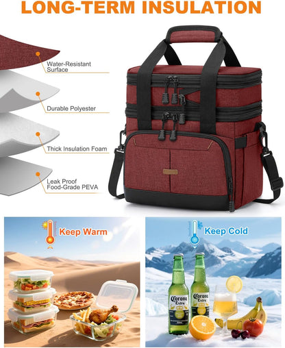 Pritent Lunch Box For Men Women Double Deck Insulated Lunch Bag For Men Woman Leakproof Expandable Cooler Bag with Adjustable Shoulder Strap for Kids Shool Work Picnic Camping(Beige,Large)