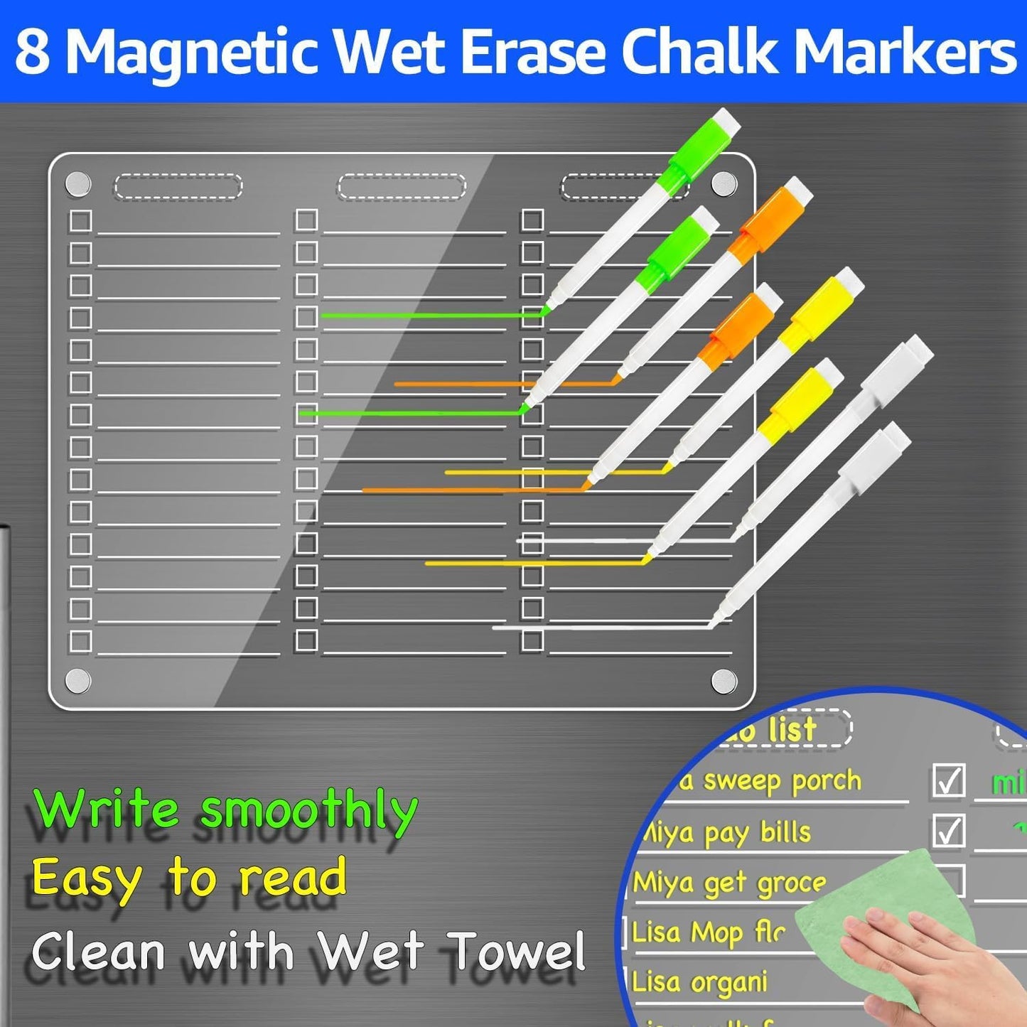 PigPotParty Acrylic Magnetic Chore Chart for Adults, 12x9.5 Inch Clear Dry Erase Chore Board for Fridge, Daily Weekly and Notes Sections, Pre-Installed Embedded Magnets, 8 Fine-tip Markers and Towel