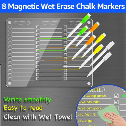 PigPotParty Acrylic Magnetic Chore Chart for Adults, 12x9.5 Inch Clear Dry Erase Chore Board for Fridge, Daily Weekly and Notes Sections, Pre-Installed Embedded Magnets, 8 Fine-tip Markers and Towel