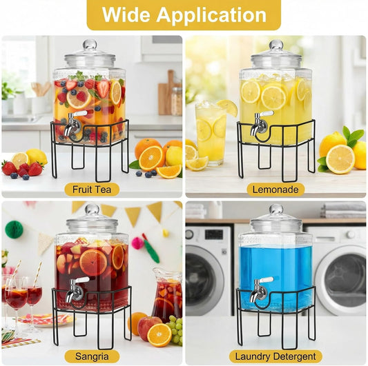 Drink Dispenser, Drink Dispensers for Parties, 1 Gallon Glass Beverage Dispenser with Stand and Glass Lid, 100% Leakproof Spigot, Ideal for Lemonade, Juice, Iced Tea, Laundry Detergent