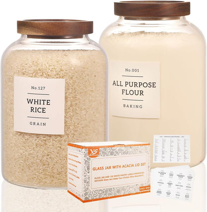 2 Pack Large Glass Flour and Sugar Storage Containers with Airtight Acacia Wood Lids and 132 Kitchen Pantey Labels Preprint - 1 Gallon Borosilicate Glass Canister Sets for Food,Pasta,Cookie,Rice