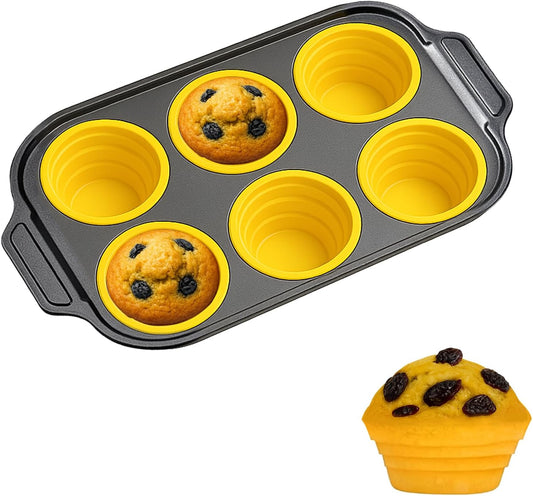 Silicone Muffin Pan for Baking with Metal Frame, Nonstick, 6 Cups Silicone Cupcake Pan, Muffin Tray,Jumbo Muffin Pan, Muffin Molds for Baking Muffins, Cupcakes, Egg Bites (Yellow, 1Pcs)