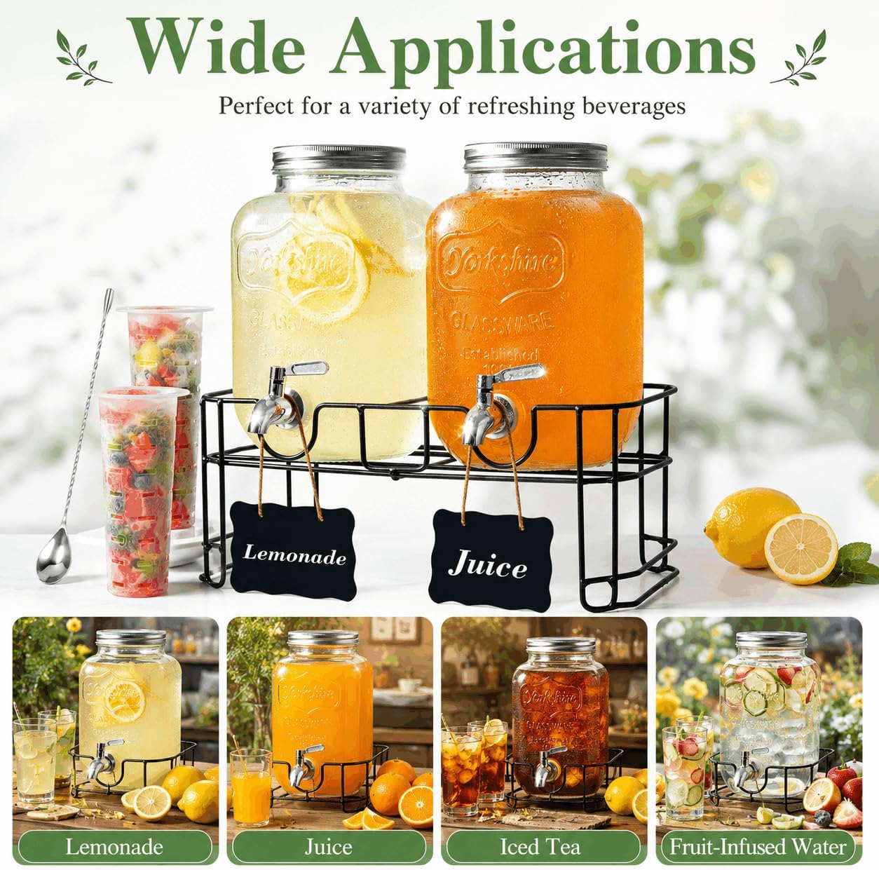 2-Pack 1-Gallon Glass Drink Dispensers with Heavy-Duty Wire Stand - 304 Stainless Steel Spigot & Mixing Spoon - 100% Leakproof Mason Jar Beverage Dispenser for Parties, Fridge, Kombucha - Wide Mouth