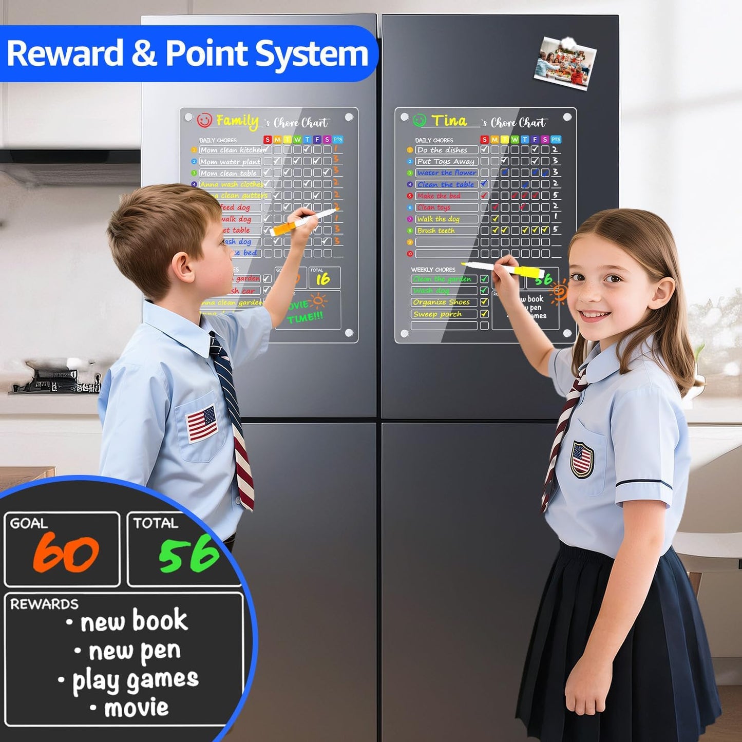 PigPotParty 2-in-1 Acrylic Magnetic Chore Chart for 2 Kids, Couples, Roommates, 15"x11" Large Dry Erase Chore Board for Fridge, Clear Weekly & Daily Reward Chart, Includes 12 Markers & Towel
