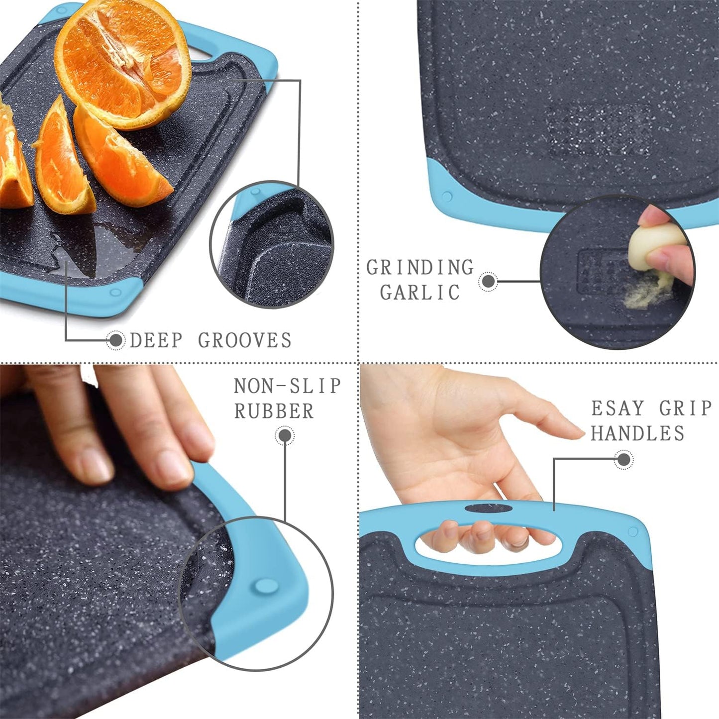 Viretang Plastic Cutting Boards Set of 3 Extra Large for Kitchen, Thick Chopping Board with Deep Juice Grooves, Non‑Slip Feet, Easy Grip Handle, BPA Free, Dishwasher Safe,Black