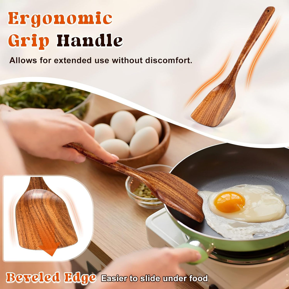 Wooden Spatula, Acacia Solid & Slotted Turner Spatula Set, Long Handle Flat Frying Spatulas, Ideal Kitchen Gift for Mother and Grandma, Kitchen Utensils Set for Cooking, Frying, Baking