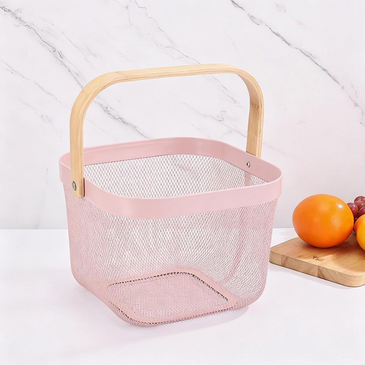 AJIODA Metal Mesh Steel Basket, Storage Organizer Basket Multi-functional Hanging Kitchen Baskets Fruit Basket Bin with Bamboo Handle for Kitchen Bathroom Picnic Shopping Decor Cabinet Home, Blue