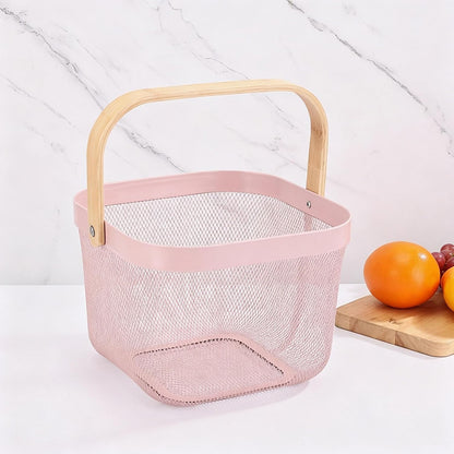 AJIODA Metal Mesh Steel Basket, Storage Organizer Basket Multi-functional Hanging Kitchen Baskets Fruit Basket Bin with Bamboo Handle for Kitchen Bathroom Picnic Shopping Decor Cabinet Home, Blue